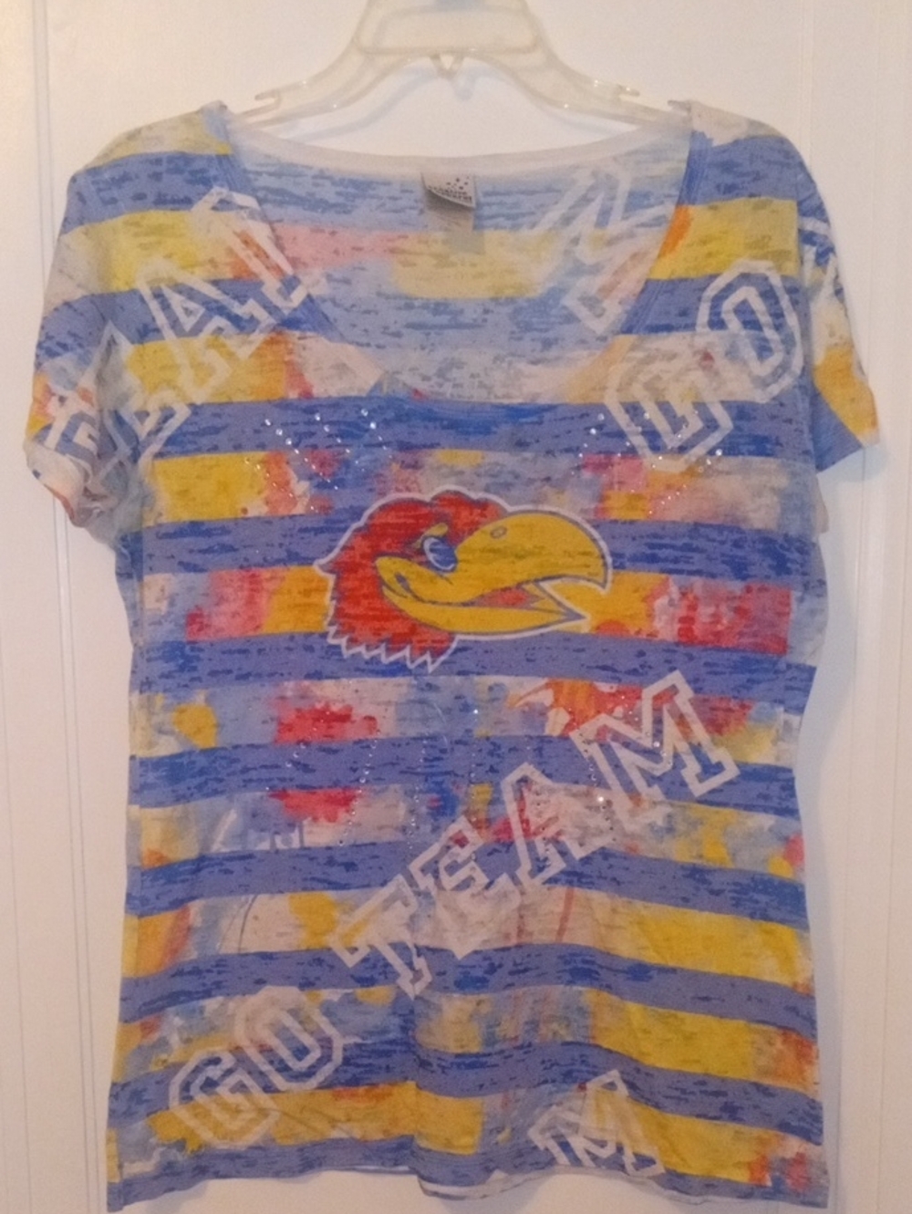 Women XL  Blue & Yellow Striped KU Jayhawk Graphic Tee